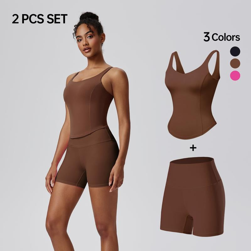 AFZ Two-Piece Set Women'S Solid round Neck Tee & High Waist Biker Shorts Tracksuit Set, Casual Sportswear for Indoor Outdoor Wear, Gymwear, Yoga Tracksuit Set, Workout Sets Women, Fitness Clothes